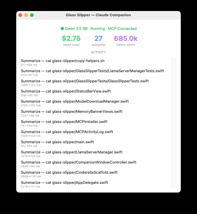 Glass Slipper companion window showing token savings and activity log